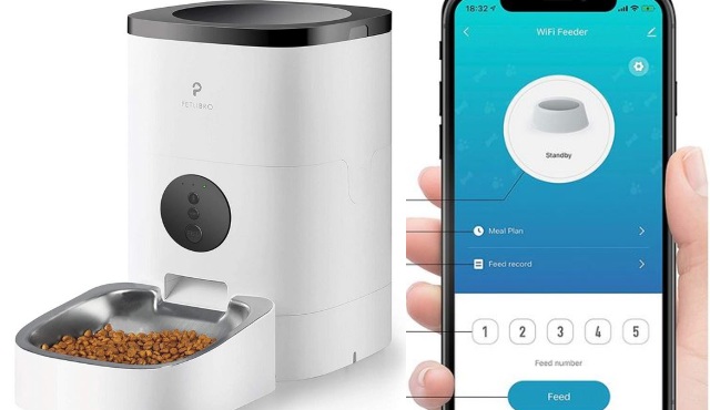 Phone controlled pet outlet feeder